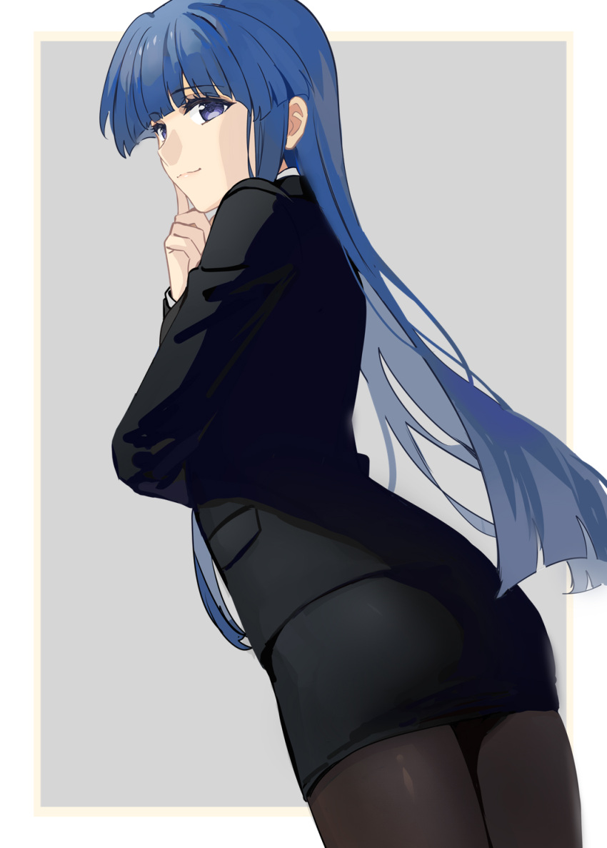 1girl aged_up bangs black_jacket black_pantyhose black_skirt blue_eyes blue_hair blunt_bangs border business_suit closed_mouth cowboy_shot formal furude_rika grey_background highres higurashi_no_naku_koro_ni hime_cut index_finger_raised jacket long_hair long_sleeves miniskirt outside_border pantyhose pencil_skirt skirt skirt_suit smile solo straight_hair suit usamin_(artist) very_long_hair white_border