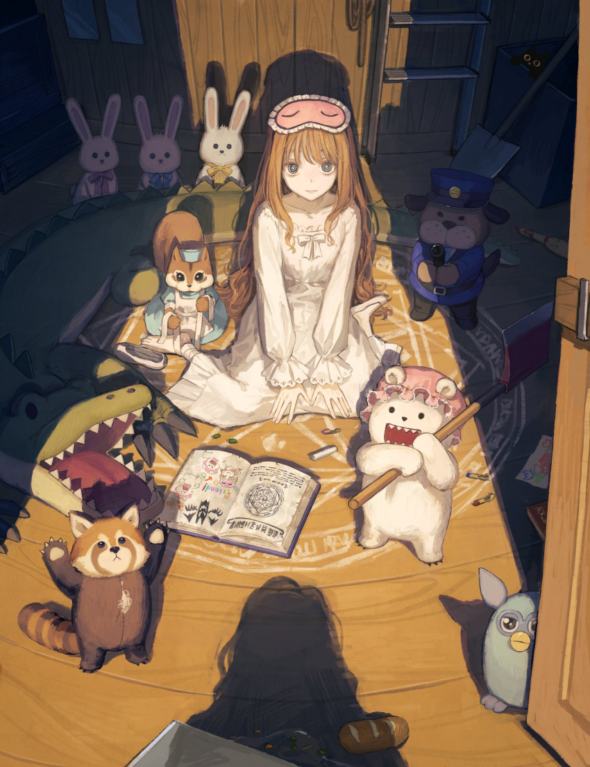 1girl @_@ absurdres applying_bandages axe bandaged_leg bandages bangs black_cat black_eyes book bread brown_hair cat chalk collarbone commentary drawer drawing dress english_commentary food frilled_sleeves frills from_above full_body furby grimoire hexagram highres holding holding_axe indoors ladder living_plush long_hair long_sleeves magic_circle mask mask_on_head nashiko_(nanaju_ko) off-shoulder_dress off_shoulder open_book open_door original rope shade shadow shoes shovel single_shoe sitting sleep_mask smile solo stuffed_animal stuffed_bunny stuffed_crocodile stuffed_dog stuffed_panda stuffed_squirrel stuffed_toy summoning teddy_bear v_arms wariza wavy_hair white_dress white_footwear wooden_floor wooden_wall