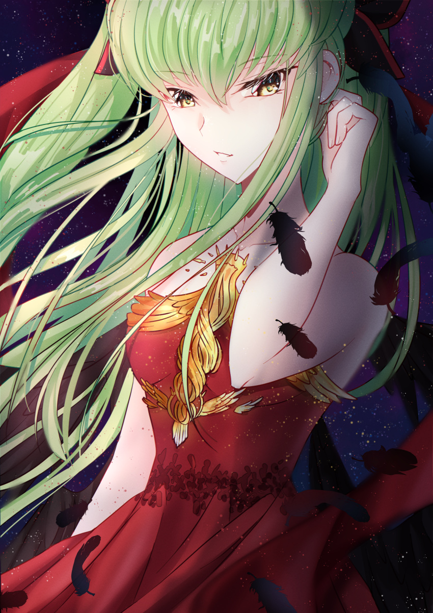 1girl absurdres adjusting_hair bangs bare_arms black_feathers budgiepon c.c. character_request code_geass collarbone cosplay dress feathers floating_hair green_hair hair_between_eyes highres long_hair parted_lips red_dress solo strapless strapless_dress very_long_hair yellow_eyes