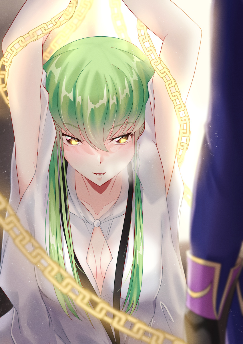 1girl absurdres arms_up bangs breasts budgiepon c.c. chain cleavage code_geass collarbone cosplay enkidu_(fate) enkidu_(fate)_(cosplay) fate/grand_order fate_(series) green_hair hair_between_eyes highres long_hair long_sleeves looking_at_viewer open_mouth shiny shiny_hair small_breasts solo_focus yellow_eyes