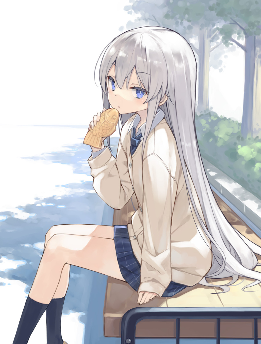 1girl :o bangs black_socks blue_eyes blue_skirt brown_cardigan cardigan collared_shirt commentary_request day feet_out_of_frame food from_side grey_hair hair_between_eyes highres holding holding_food long_hair long_sleeves looking_at_viewer looking_to_the_side original outdoors parted_lips plaid plaid_skirt pleated_skirt poco_(asahi_age) school_uniform shirt sitting skirt sleeves_past_wrists socks solo taiyaki tree very_long_hair wagashi white_background white_shirt