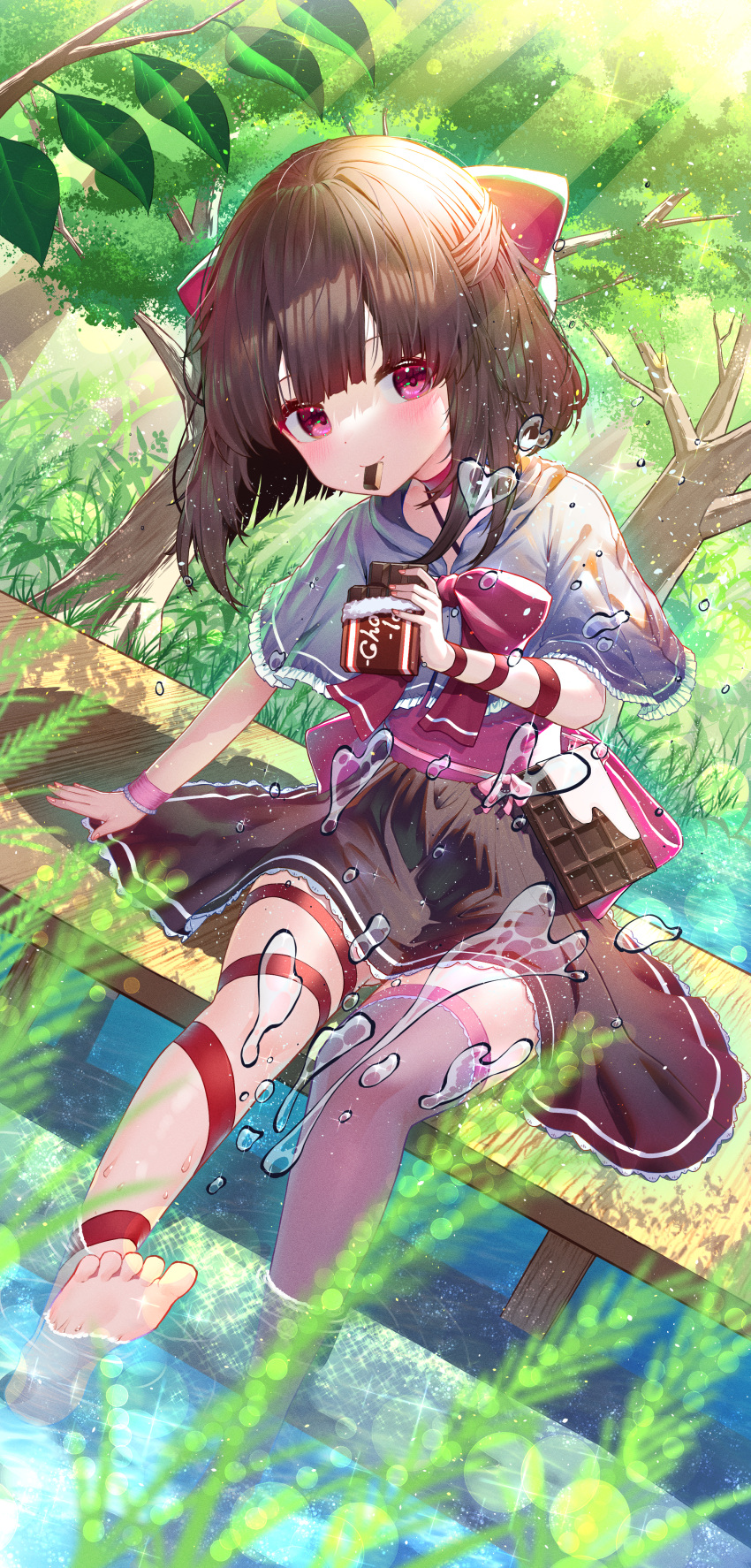 1girl absurdres bangs barefoot blue_capelet blush bow brown_hair brown_skirt capelet chocolate commentary_request commission dock eating fallenshadow food_in_mouth forest frilled_capelet frills hair_bow head_tilt highres indie_virtual_youtuber kiramarukou leg_ribbon nature non-web_source outdoors pink_sash plant red_bow red_eyes red_ribbon ribbon sash short_hair single_thighhigh sitting skeb_commission skirt soaking_feet solo splashing thighhighs tree virtual_youtuber water water_drop