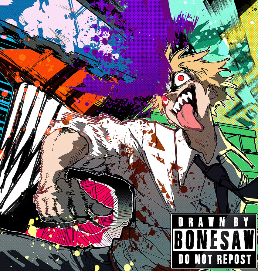1boy absurdres artist_name bangs black_necktie blonde_hair blood blood_on_clothes bonesaw_(artist) chainsaw chainsaw_man collared_shirt denji_(chainsaw_man) highres necktie open_mouth red_eyes sharp_teeth shirt short_hair sleeves_rolled_up solo string_pull stylized_blood teeth tongue tongue_out white_shirt