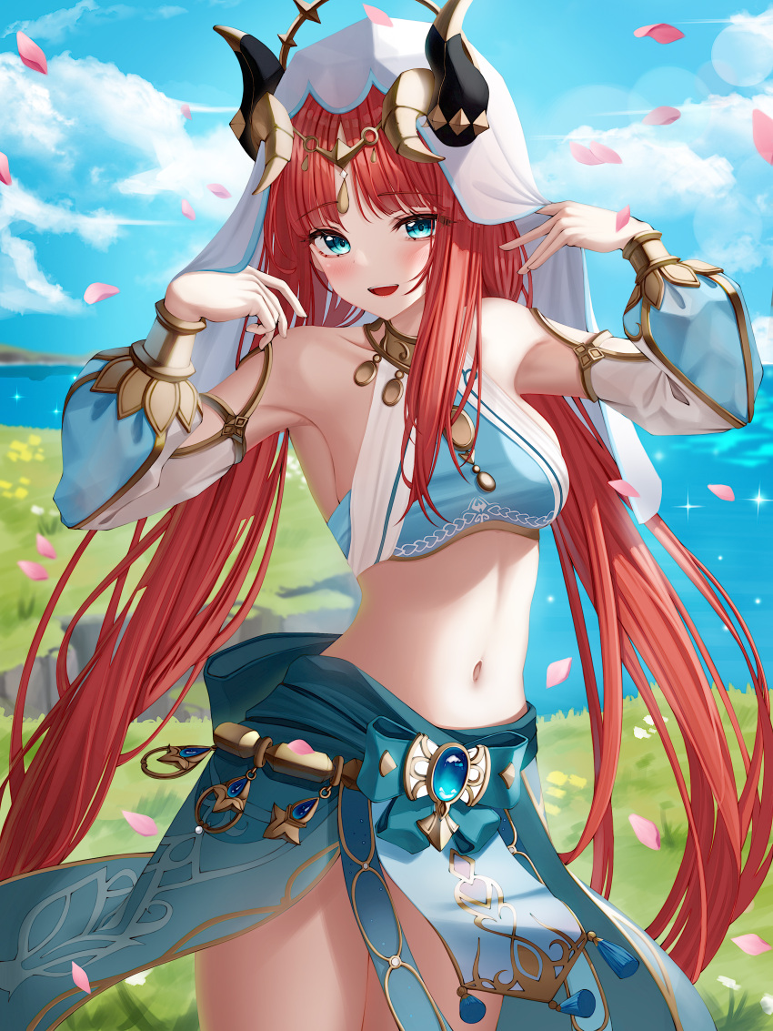 1girl :d absurdres bangs bare_shoulders blue_bow blue_sky bow breasts brooch circlet clothing_cutout cloud cowboy_shot crop_top day detached_sleeves falling_petals genshin_impact gold_trim grass hands_up harem_outfit highres hsxxx jewelry long_hair long_sleeves looking_at_viewer medium_breasts navel neck_ring nilou_(genshin_impact) parted_bangs parted_lips pelvic_curtain petals puffy_long_sleeves puffy_sleeves red_hair skirt sky smile solo sparkle stomach teeth thighs twintails upper_teeth vambraces veil very_long_hair vision_(genshin_impact) white_headwear