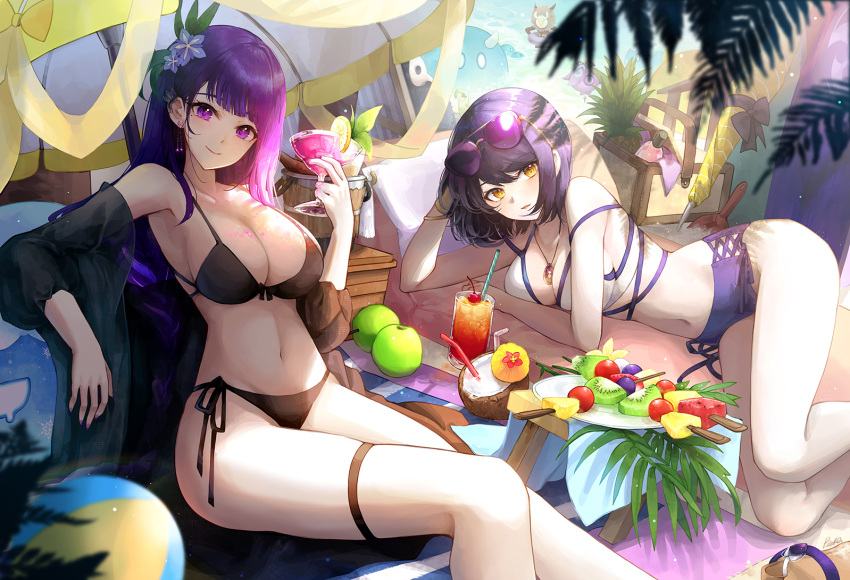 2girls ball bare_shoulders beach beachball bikini black_bikini blue_hair breasts cleavage closed_mouth coconut_cup commentary_request cross-laced_clothes cup dark_blue_hair day drinking_straw elbow_rest eyewear_on_head feet_out_of_frame food fruit genshin_impact halterneck hilichurl_(genshin_impact) holding holding_cup jewelry kujou_sara leaf leaning_back lemon lemon_slice long_hair looking_at_viewer lying mole mole_under_eye multiple_girls nail_polish navel necklace ocean on_side outdoors parted_lips pistachiocream purple_eyes purple_hair raiden_shogun short_hair side-tie_bikini_bottom sitting slime_(genshin_impact) smile stomach swimsuit thigh_strap thighs tinted_eyewear tropical_drink yellow_eyes