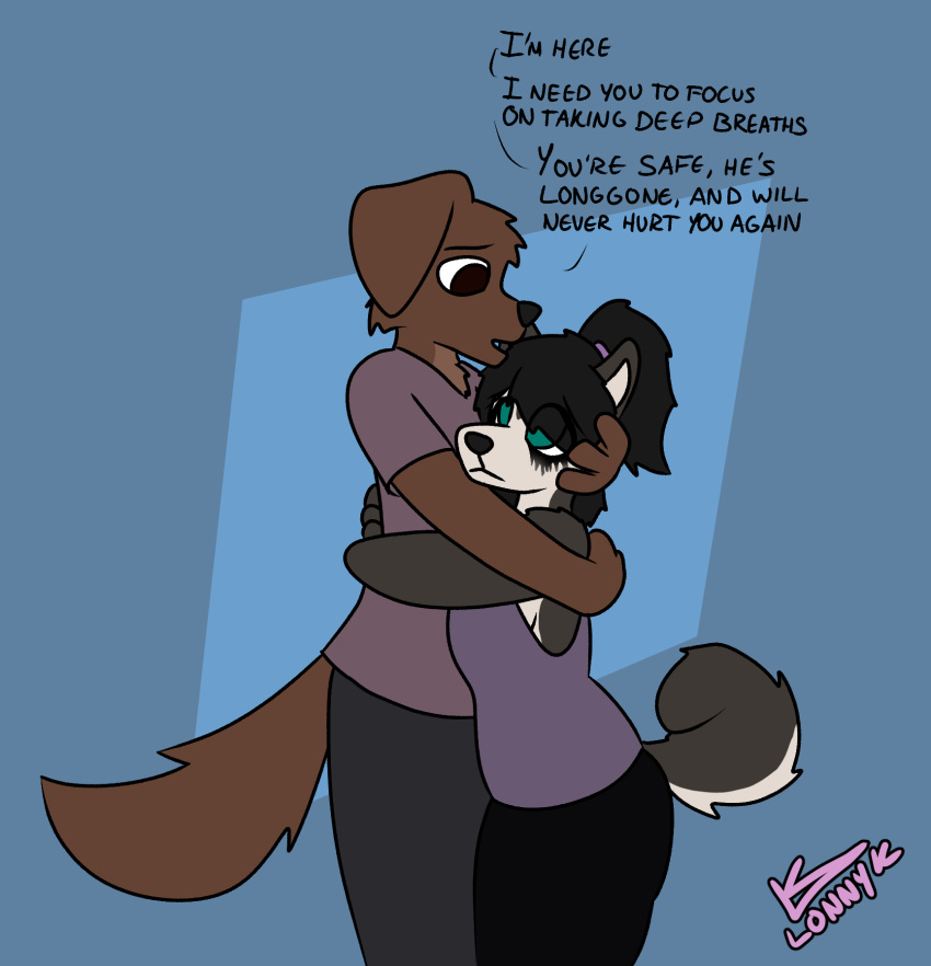 anthro bird_dog bodily_fluids breasts canid canine canis clothed clothing comforting crying domestic_dog duo embrace female hi_res hug hunting_dog husky labrador lonnyk male male/female mammal nordic_sled_dog retriever sad side_boob smudged_eyeliner spitz tears