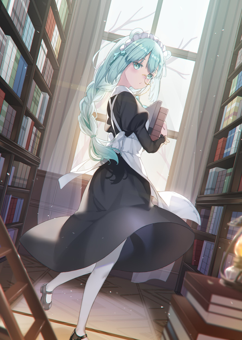 1girl absurdres alternate_costume animal_ears apron arknights bear_ears bear_girl black_dress black_footwear blue_eyes blue_hair book bookshelf braid dress dutch_angle enmaided full_body hair_ornament highres holding holding_book indoors istina_(arknights) ladder library long_hair long_sleeves looking_at_viewer maid monocle pantyhose shoes solo somnium star_(symbol) star_hair_ornament white_apron white_pantyhose