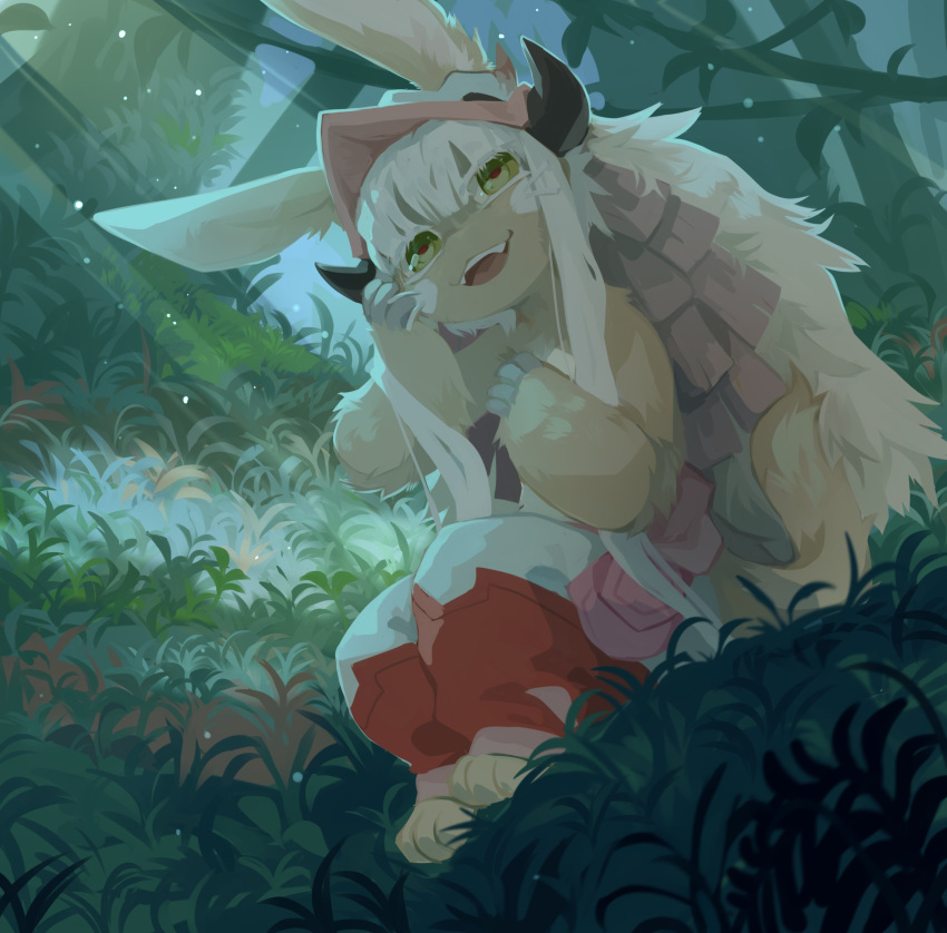 absurd_res ambiguous_gender anthro bottomwear clothed clothing corzh77 forest full-length_portrait fur grass green_eyes hair happy hi_res horn long_hair made_in_abyss nanachi narehate open_mouth open_smile outside pants plant portrait pupils red_bottomwear red_clothing red_pants red_pupils sitting smile solo tan_body tan_fur three-quarter_view topless tree unsigned white_bottomwear white_clothing white_hair white_pants