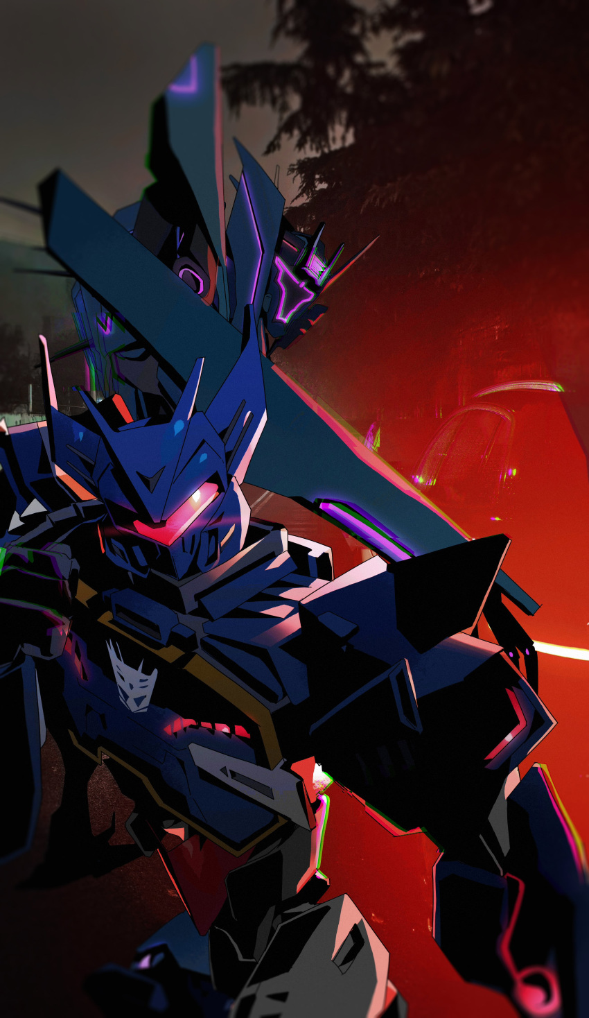 absurdres assault_visor bu_li_(time46397328) dual_persona head_tilt highres looking_at_viewer mecha open_hand red_background robot science_fiction soundwave_(transformers) transformers transformers:_earth_spark transformers_prime v-fin