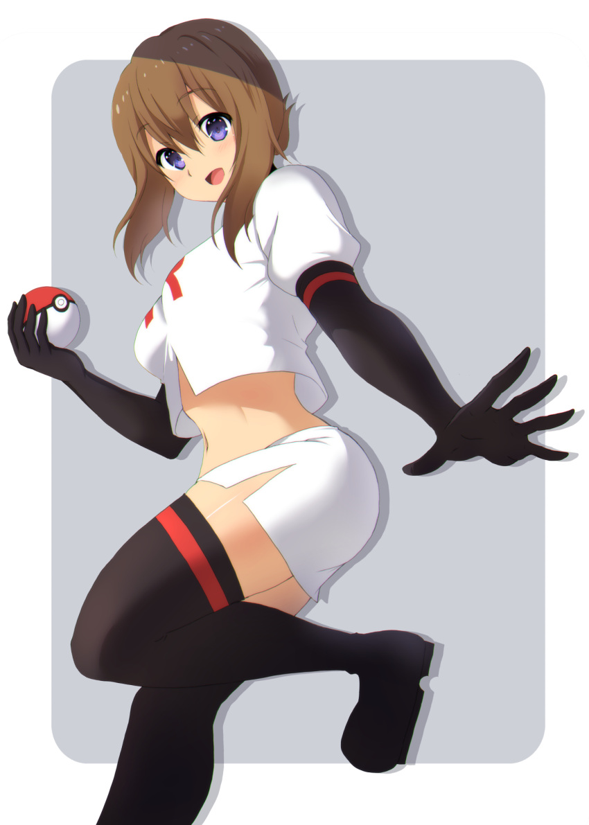 1girl :d bangs black_footwear black_gloves boots brown_hair commentary_request cosplay elbow_gloves gloves happy highres holding holding_poke_ball jacket jessie_(pokemon) jessie_(pokemon)_(cosplay) leg_up logo may_(pokemon) nanjou_satoshi open_mouth poke_ball poke_ball_(basic) pokemon pokemon_(anime) pokemon_rse_(anime) purple_eyes side_slit skirt smile solo spread_fingers team_rocket thigh_boots tongue white_jacket white_skirt