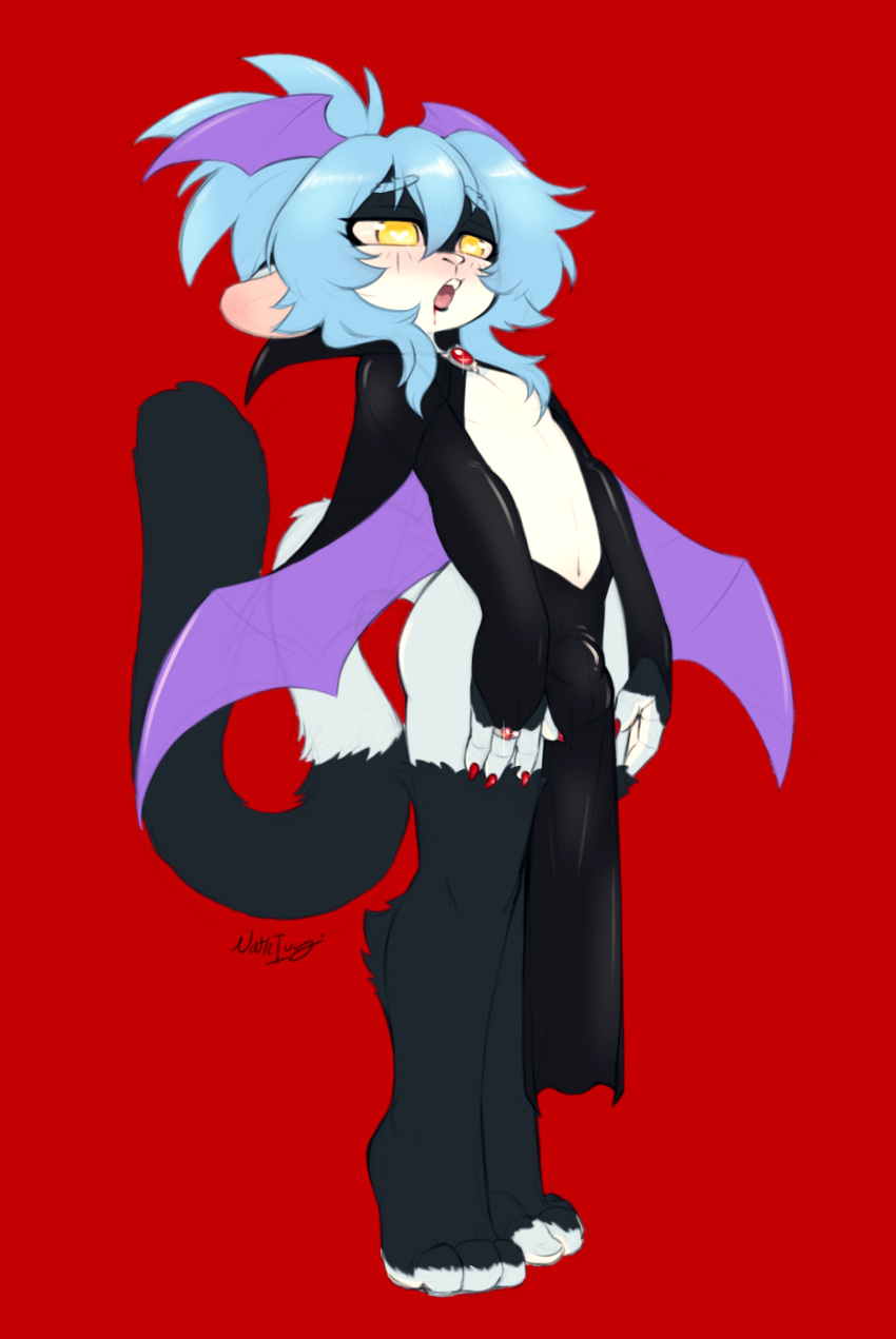 absurd_res blue_body blue_fur blue_hair blush bulge cape clothing colored_sketch fluffy fluffy_tail fur hair haplorhine hi_res humanoid lipstick lunalin makeup male mammal monkey nathivy nebula_stellas original_characters primate sketch solo vampire_costume yellow_eyes