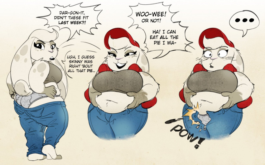 anthro belly big_butt bottomwear butt clothed clothes_rip clothing denim denim_clothing dialogue ellipsis embarrassed english_text female fur hat headgear headwear jeans lagomorph leporid mammal overweight overweight_anthro overweight_female panties pants rabbit scottytheman solo spots spotted_body spotted_fur surprise text torn_clothing underwear white_body white_fur