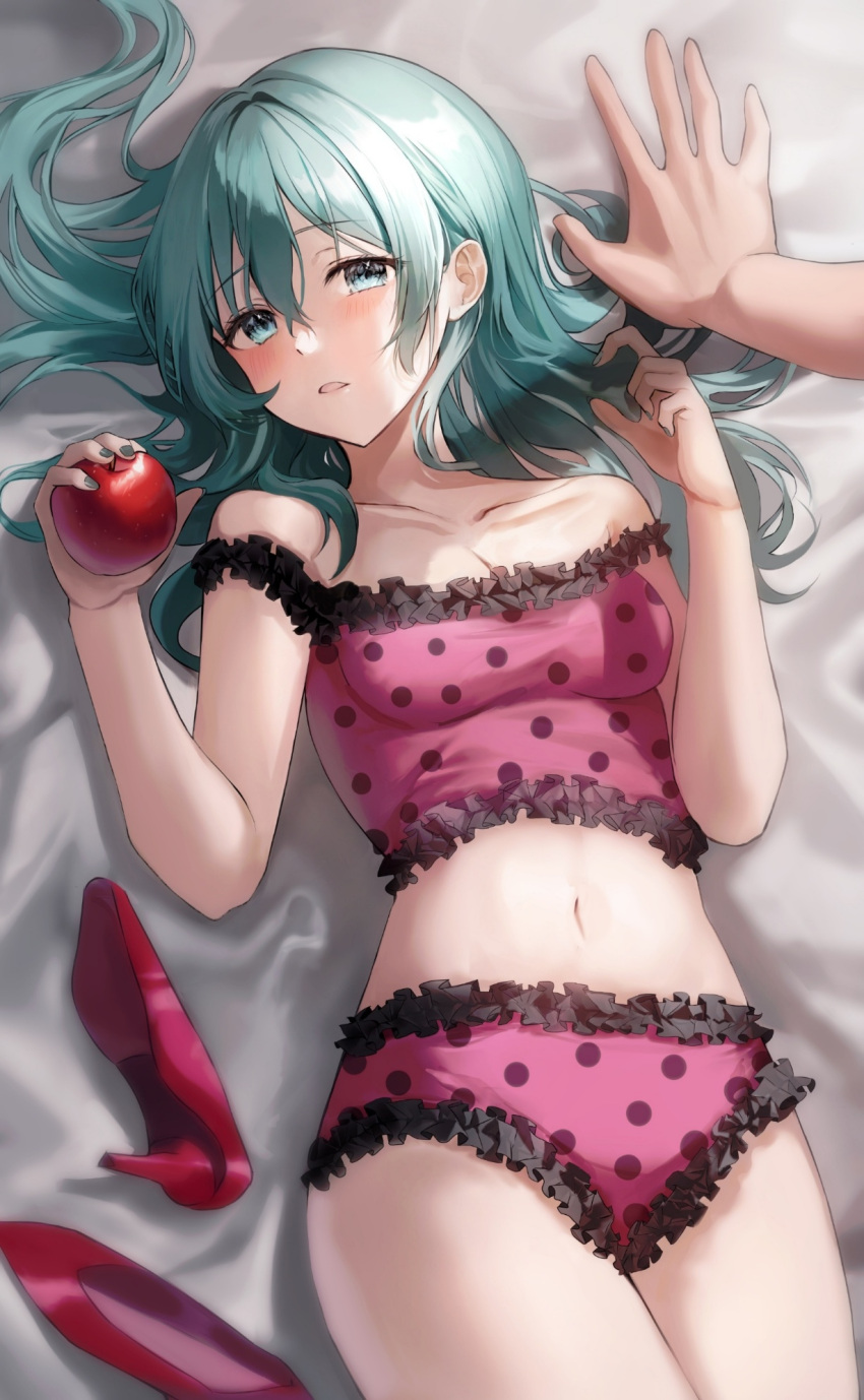 1girl apple aqua_eyes aqua_hair bangs bare_shoulders bed_sheet blush breasts cleavage collarbone commentary cowboy_shot crop_top food frilled_panties frills fruit green_nails hatsune_miku high_heels highres holding holding_food holding_fruit long_hair looking_at_viewer lying midriff navel o_cha_(seyc3447) off_shoulder on_back on_bed open_mouth panties parted_lips pink_footwear pink_panties pink_shirt polka_dot polka_dot_panties pov red_apple romeo_to_cinderella_(vocaloid) shirt shoes shoes_removed sidelocks solo stomach thighs underwear vocaloid