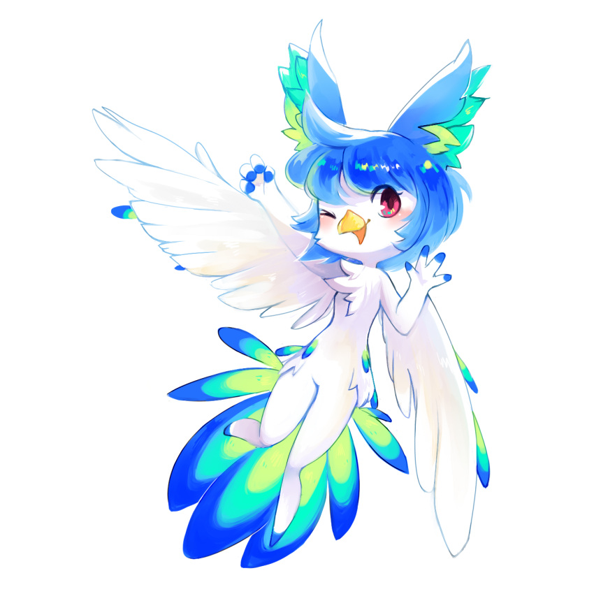 1_toe 2017 4_fingers aishasoup anthro avian beak bird blue_hair blush chest_tuft cute_expression feathered_wings feathers female fingers fur hair half-closed_eyes hi_res inner_ear_fluff looking_at_viewer multicolored_body multicolored_feathers narrowed_eyes open_mouth perico red_eyes simple_background solo tuft white_background white_body white_fur wings