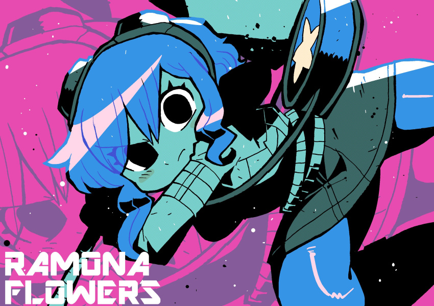 1girl bag bangs black_eyes blue_hair character_name closed_mouth commentary english_commentary goggles goggles_on_head hammer highres holding holding_hammer holding_weapon jacket looking_at_viewer pantyhose projected_inset ramona_v_flowers rariatto_(ganguri) scott_pilgrim short_hair skirt solo war_hammer weapon