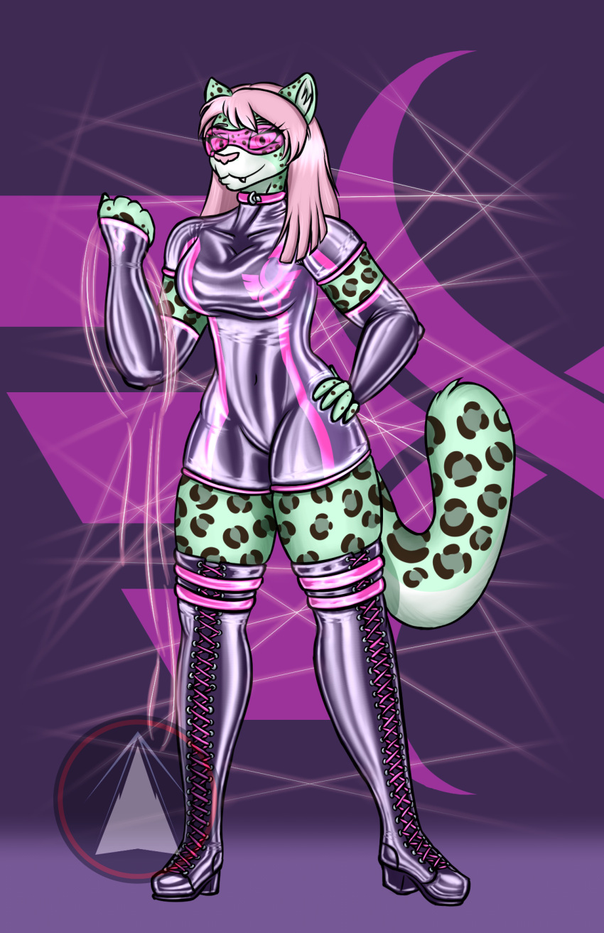 anthro arrowbishop boots clothing felid female footwear gloves handwear hi_res korps! latex latex_armwear latex_clothing latex_gloves legwear mammal pantherine rubber rubber_clothing rubber_suit snow_leopard supervillain tara thigh_boots thigh_highs