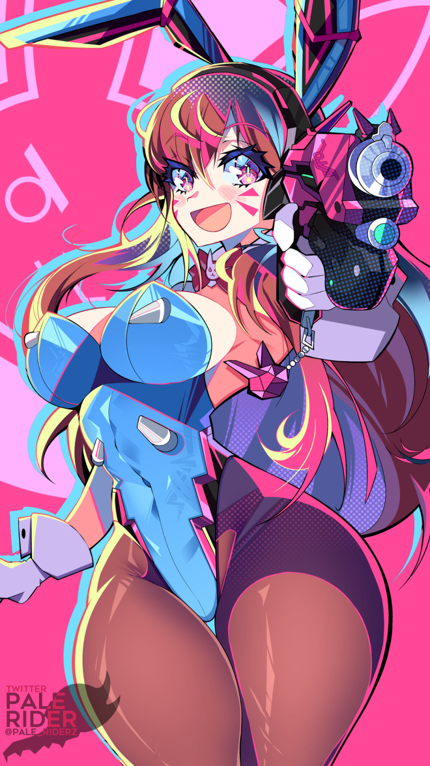 1girl adapted_costume alternate_costume animal_ears artist_name bangs blue_leotard breasts brown_hair brown_pantyhose covered_navel d.va_(overwatch) detached_collar facepaint facial_mark fake_animal_ears gun handgun highres large_breasts leotard long_hair looking_at_viewer open_mouth overwatch pale_rider_(paleriderz) pantyhose pink_background pink_eyes pink_lips playboy_bunny rabbit_ears signature solo strapless strapless_leotard swept_bangs thighs twitter_username weapon whisker_markings wrist_cuffs