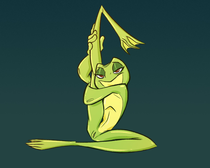 2022 amphibian anthro female fluttershythekind frog full-length_portrait genitals green_body green_skin hi_res holding_leg long_legs looking_at_viewer nude one_leg_up portrait princess_tiana pussy raised_leg sitting solo spread_legs spreading the_princess_and_the_frog