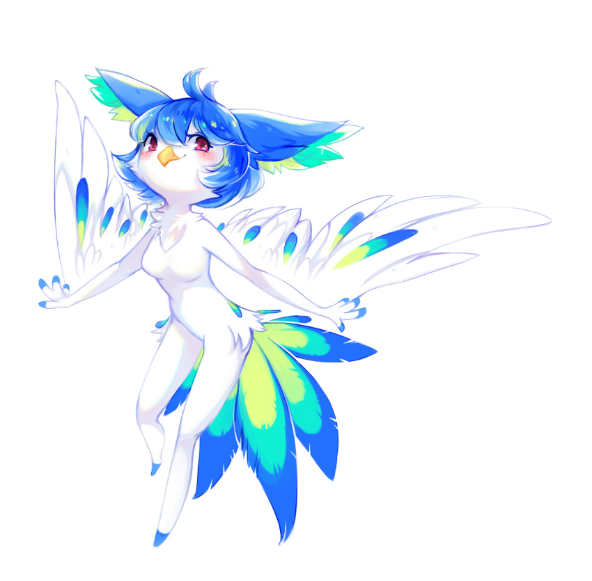 1_toe 2017 4_fingers aishasoup anthro avian beak bird blue_hair blush breasts chest_tuft cute_expression feathers female fingers fur hair hi_res inner_ear_fluff multicolored_body multicolored_feathers perico pose red_eyes simple_background solo tuft white_background white_body white_fur