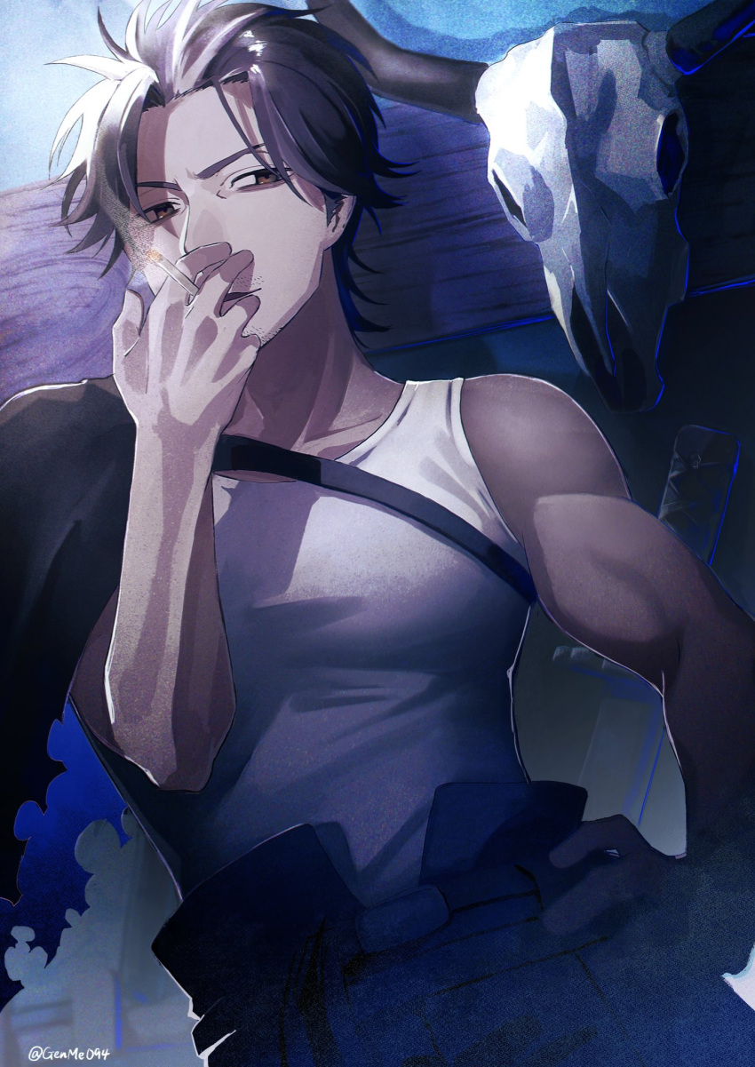 animal_skull black_clover black_hair bull cigarette gen_me highres messy_hair muscular muscular_male smoking tank_top white_tank_top yami_sukehiro