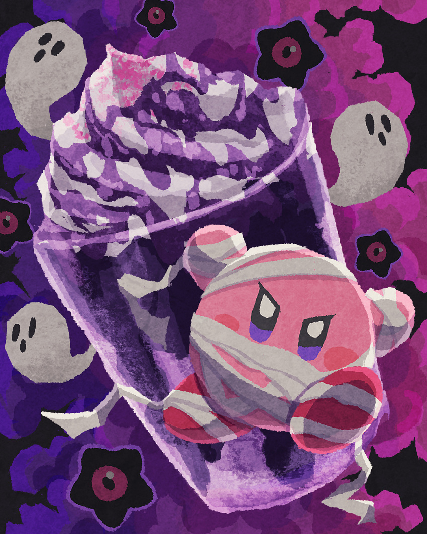 bandages cup dark_nebula food ghost gradient gradient_background highres ice_cream kirby kirby_(series) looking_at_viewer miclot mummy_costume no_humans purple_background sprinkles star_(symbol) sundae whipped_cream