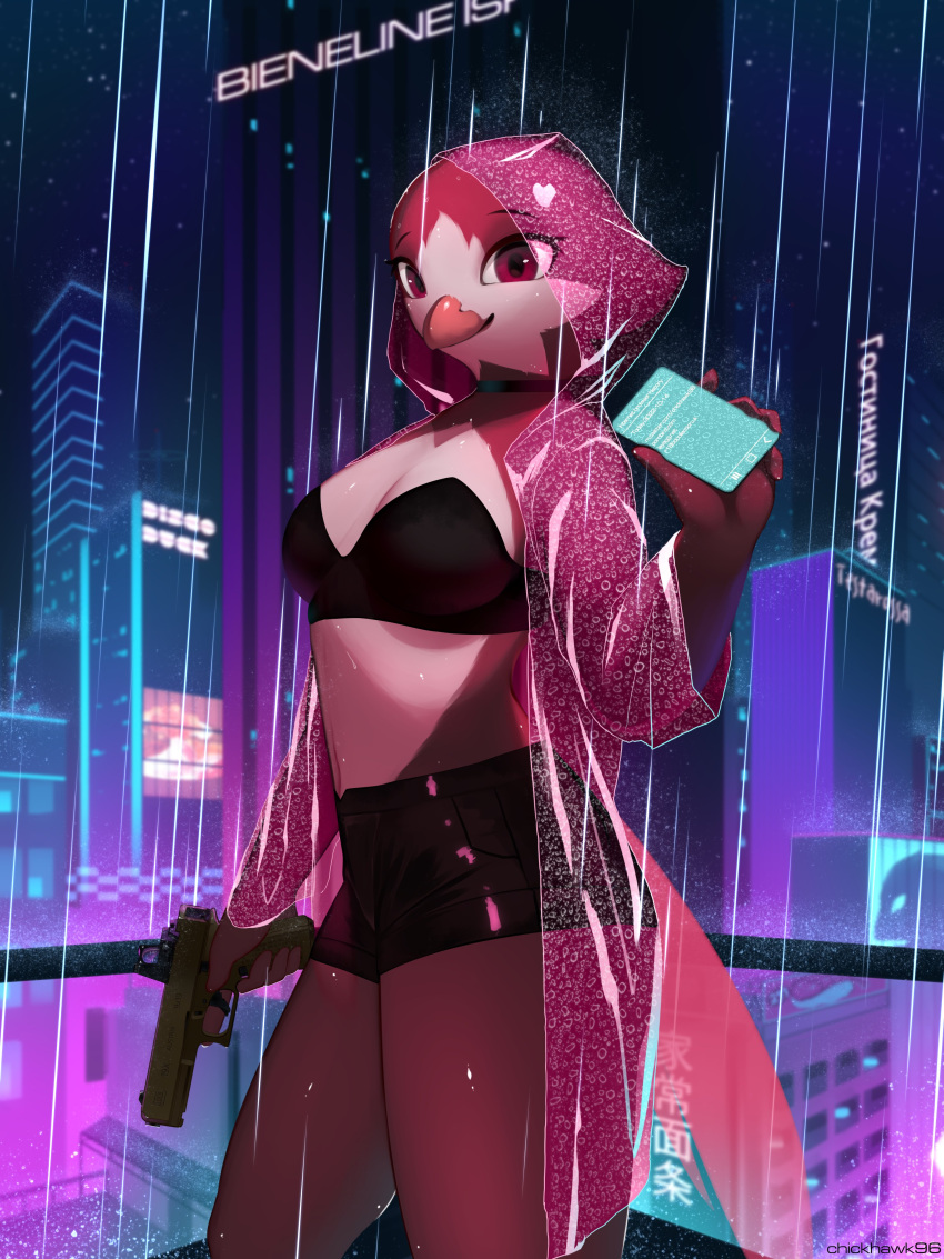 absurd_res anthro avian beak bird blossom_(chickhawk96) bottomwear bra breasts chickhawk96 city city_background cityscape clothing coat female glock gun handgun hi_res holding_gun holding_object holding_phone holding_weapon hotpants looking_at_viewer neckwear night phone pistol raincoat raining ranged_weapon red_body red_eyes reflective_body shorts sky smile solo standing star starry_sky text topwear underwear weapon white_body