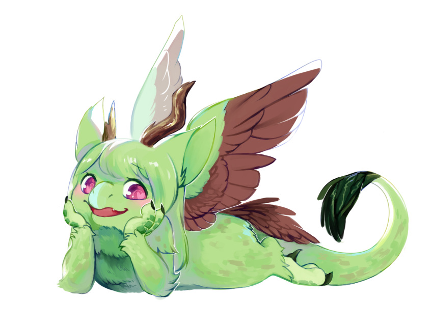 2017 2_fingers 3_toes aishasoup anthro broken_horn brown_body brown_feathers claws dragon fangs feathered_wings feathers feet female fingers fur green_body green_fur green_hair hair hand_on_cheek horn kyisha looking_at_viewer lying nails on_front open_mouth pink_eyes scales simple_background solo toe_claws toes tongue white_background wings