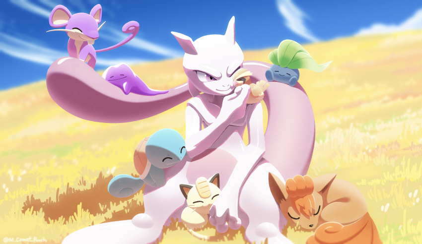 absurdres bird closed_mouth commentary_request day ditto highres komepan meowth mewtwo no_humans oddish one_eye_closed outdoors pidgey pokemon pokemon_(creature) purple_eyes rattata sitting sky smile squirtle vulpix