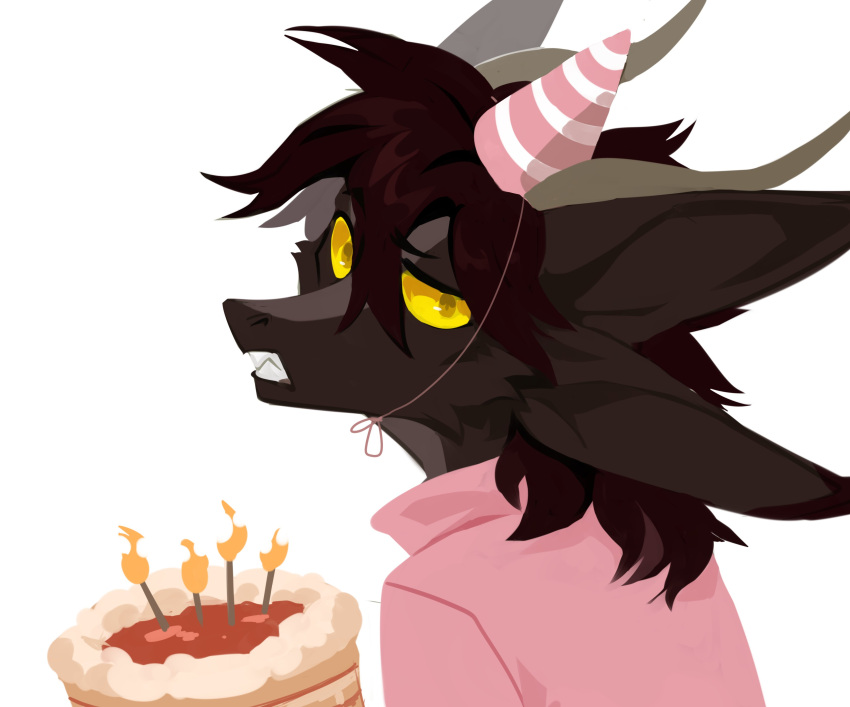 absurd_res anthro brown_body brown_fur brown_hair bust_portrait cake cheek_tuft clothed clothing corzh77 dessert dragon facial_tuft female food fur furred_dragon glistening glistening_eyes grey_horn hair hat headgear headwear hi_res horn looking_at_viewer party_hat pink_clothing pink_topwear portrait simple_background solo teeth topwear tuft unsigned white_background