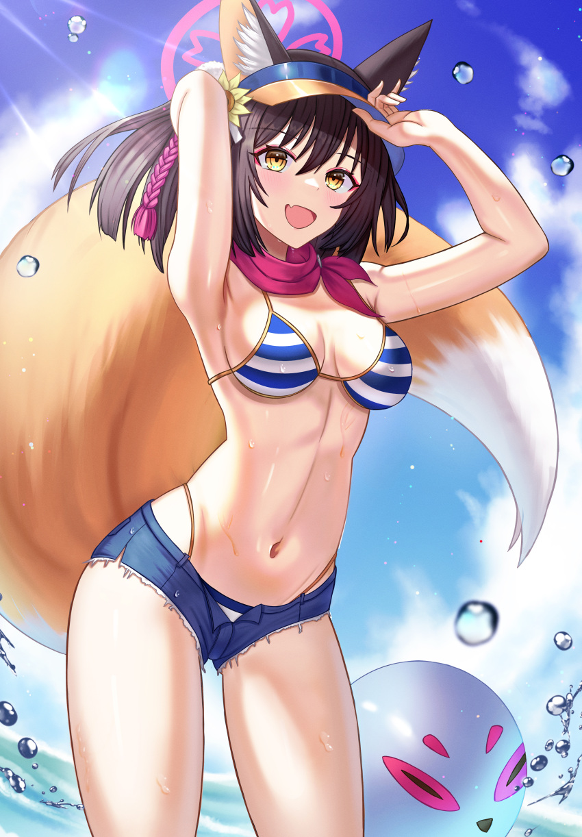 1girl :d absurdres animal_ear_fluff animal_ears armpits arms_up bangs bare_arms bikini bikini_under_clothes black_hair blue_archive blue_shorts blue_sky breasts cat_ears cleavage day denim denim_shorts fang flower hair_between_eyes hair_flower hair_ornament highleg highleg_bikini highres izuna_(blue_archive) izuna_(swimsuit)_(blue_archive) long_hair medium_breasts melreon micro_shorts navel ocean open_mouth outdoors shiny shiny_hair shiny_skin shorts sideboob skin_fang sky smile solo striped striped_bikini sunlight swimsuit visor_cap yellow_eyes yellow_flower