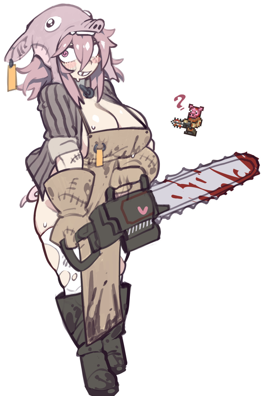 1girl @_@ absurdres apron bangs blood blush_stickers boots breasts brown_apron brown_gloves butcher_(terraria) chainsaw cleavage ear_tag gloves green_footwear hair_between_eyes heart highres holding holding_chainsaw knee_boots large_breasts medium_hair nipple_piercing nyong_nyong piercing piercing_through_clothes pig pink_eyes pink_hair simple_background sleeves_past_elbows smile solo stitched_arm stitches striped sweat terraria thighhighs torn_thighhighs vertical_stripes white_background white_thighhighs