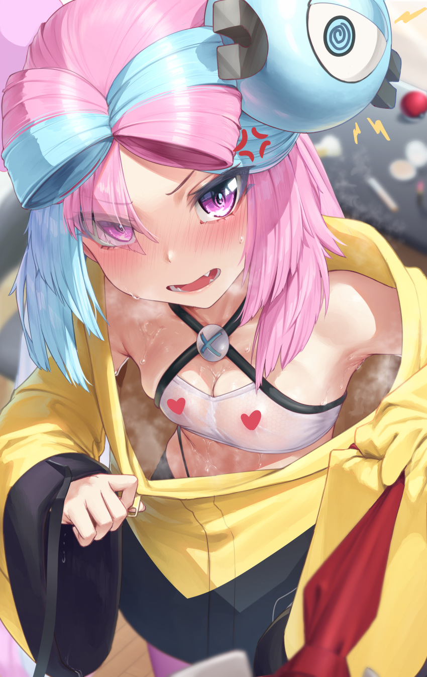 1girl absurdres anger_vein bangs blue_hair blurry blush breasts breath character_hair_ornament cleavage commentary_request hair_ornament highres iono_(pokemon) jacket long_hair looking_at_viewer multicolored_hair open_mouth padoruu pink_hair pokemon pokemon_(game) pokemon_sv purple_eyes solo steam sweat teeth tongue two-tone_hair wide_sleeves yellow_jacket
