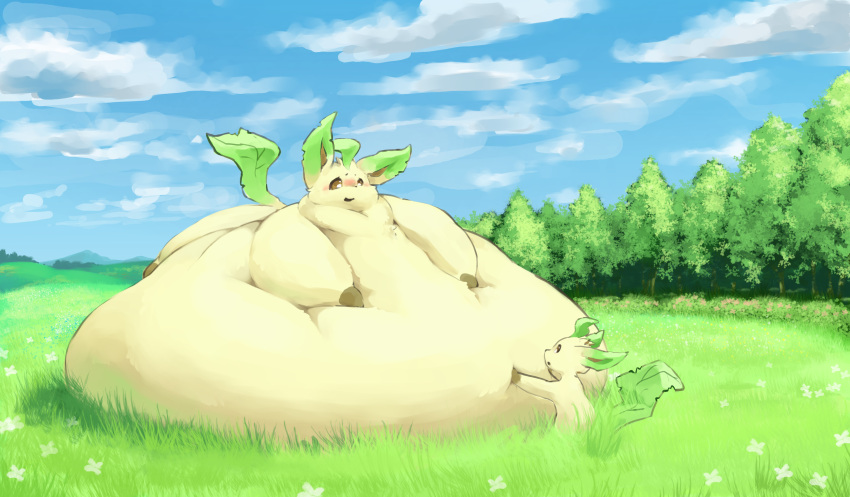 2018 ambiguous_gender belly belly_squish big_belly blush brown_eyes chubby_cheeks detailed_background double_chin duo eeveelution embarrassed fat_rolls feral fur generation_4_pokemon grass hi_res hyper hyper_belly immobile leaf leaf_hair leaf_tail leafeon looking_at_another love_handles lying meadow morbidly_obese nintendo obese on_front outside overweight plant plant_hair pokemon pokemon_(species) pseudo_hair squish tan_body tan_fur thick_arms thick_thighs tree veiukket video_games weight_gain