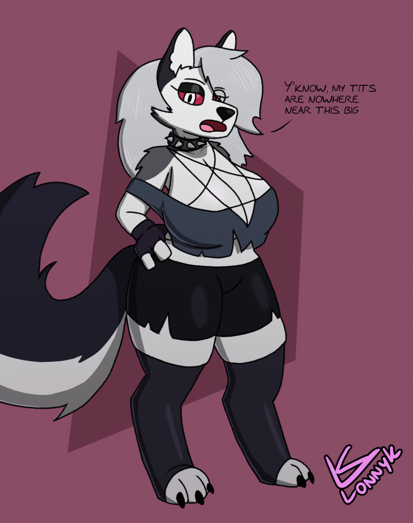 annoyed anthro big_breasts breasts canid canid_demon cleavage clothed clothing demon dialogue female hellhound helluva_boss hi_res huge_breasts lonnyk loona_(helluva_boss) mammal solo standing wide_hips