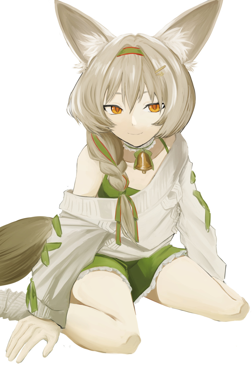 1girl absurdres arknights beanstalk_(arknights) beanstalk_(gift_uncompleted)_(arknights) bell braid choker dress frilled_choker frills green_dress green_hairband green_ribbon hair_ribbon hairband highres hyena_ears hyena_girl hyena_tail light_brown_hair long_hair looking_at_viewer moon-of-scarlet neck_bell off-shoulder_sweater off_shoulder official_alternate_costume orange_eyes ribbon simple_background sitting smile socks solo sweater wariza white_background white_choker white_socks white_sweater