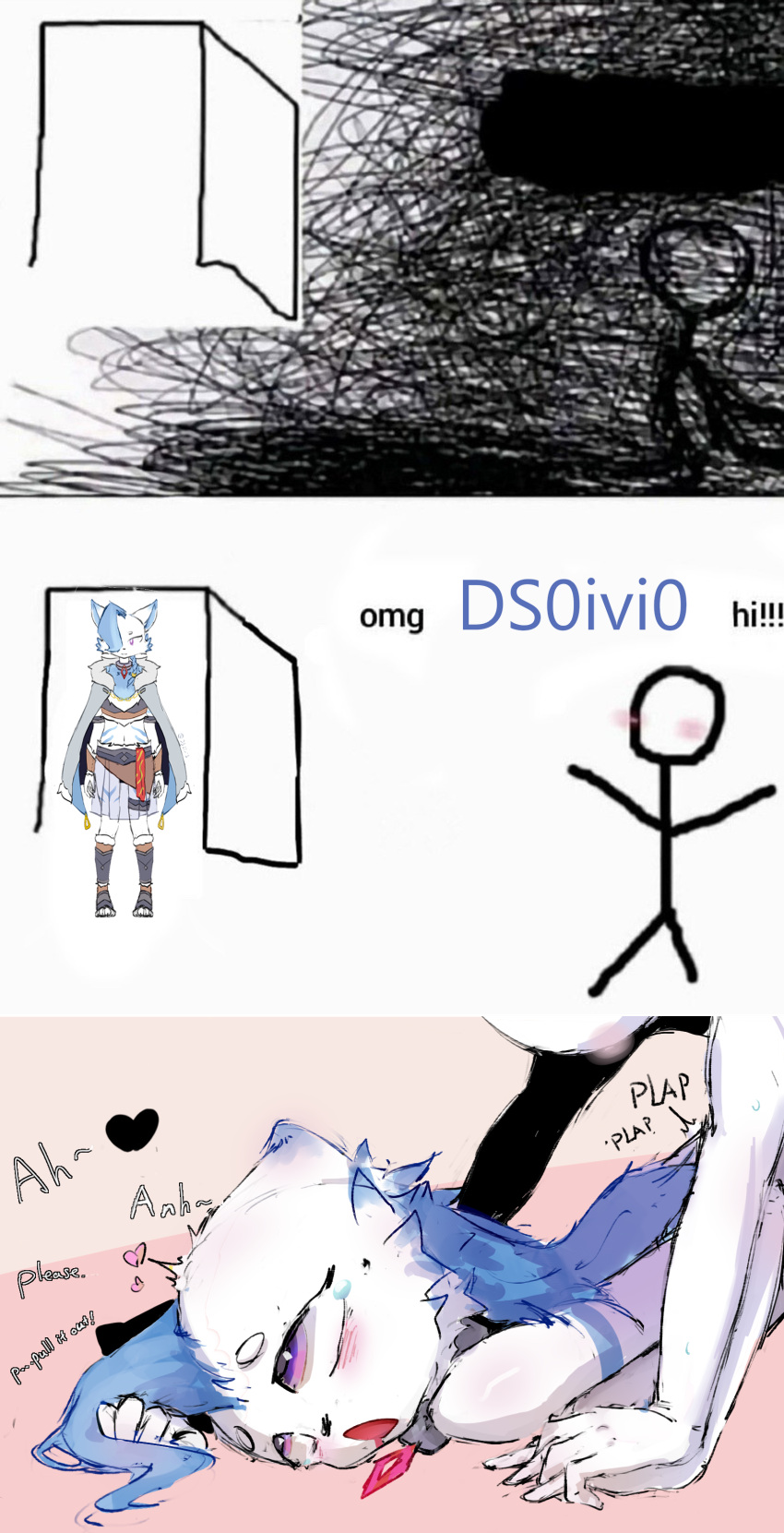 absurd_res anthro begging blue_body blue_fur canid canine canis ds0ivi0 duo floor_sex fur hi_res hoarfrost human humanoid male male/male mammal moan omg_hi! penetration solo white_body white_fur wolf