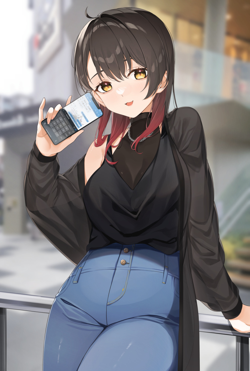 1girl arm_support bangs bare_shoulders black_camisole black_hair black_jacket blue_pants blurry blurry_background breasts brown_eyes camisole cellphone commentary_request denim depth_of_field gradient_hair hair_between_eyes hand_up highres holding holding_phone jacket jeans looking_at_viewer medium_breasts multicolored_hair off_shoulder open_clothes open_jacket original pants phone red_hair solo tapioka_(oekakitapioka)