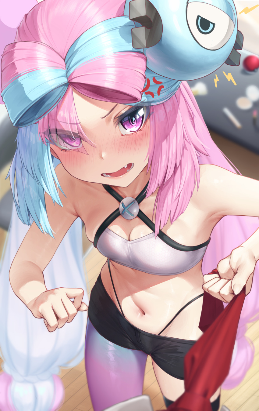 1girl absurdres anger_vein bangs black_shorts blue_hair blurry blush breasts character_hair_ornament cleavage commentary_request hair_ornament highres iono_(pokemon) long_hair looking_at_viewer multicolored_hair navel open_mouth padoruu pink_hair pokemon pokemon_(game) pokemon_sv purple_eyes shorts single_leg_pantyhose solo teeth thigh_strap tongue two-tone_hair