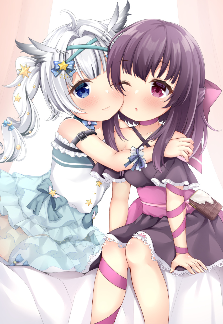 2girls ;) ;o ahoge arm_ribbon bangs bare_shoulders black_dress black_hair blue_dress blue_eyes blush bow cheek-to-cheek choker closed_mouth collarbone commentary_request commission criss-cross_halter curtains dress eyebrows_hidden_by_hair fallenshadow feet_out_of_frame food-themed_ornament hair_intakes hair_ornament halterneck heads_together highres indie_virtual_youtuber leg_ribbon maccha mikazuki_silvi multiple_girls off-shoulder_dress off_shoulder one_eye_closed owl_ears owl_girl parted_lips petite pink_bow pink_choker pink_ribbon psd_available purple_eyes ribbon ribbon_choker see-through seiza short_eyebrows single_wrist_cuff sitting skeb_commission smile star_(symbol) star_hair_ornament thick_eyebrows thighhighs twintails virtual_youtuber waist_bow white_hair wrist_cuffs