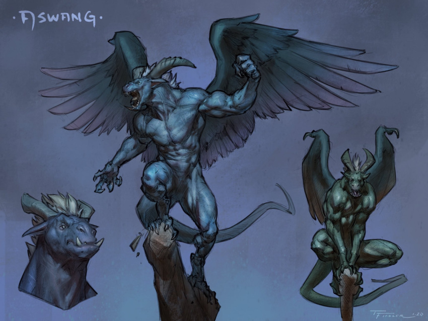 2020 anthro aswang_(character) biceps blue_body digital_media_(artwork) dragon feathers fur furred_dragon hair hi_res horn male muscular muscular_anthro muscular_male nude open_mouth pecs scalie sharp_teeth simple_background smile solo taran_fiddler teeth tusks white_hair wings