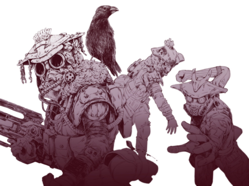 1other ambiguous_gender animal_on_shoulder apex_legends apex_legends_mobile bird bird_on_shoulder bloodhound_(apex_legends) blue_dragon_bloodhound clenched_hand crow energy_gun fur-trimmed_jacket fur_trim goggles gun head_tilt helmet highres holding holding_gun holding_weapon jacket l-star mask monochrome multiple_views official_alternate_costume open_hand pants rebreather reian running snow_prints_bloodhound weapon