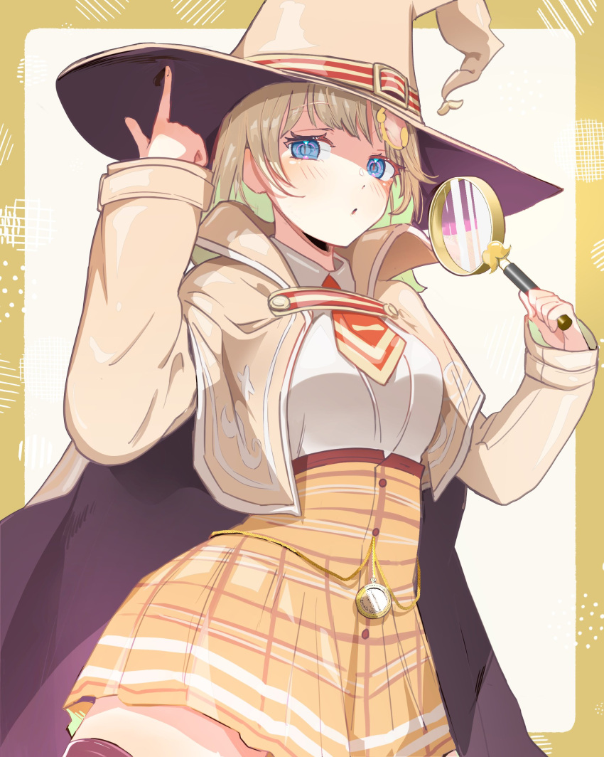 1girl absurdres adapted_costume black_thighhighs blonde_hair blue_eyes blush breasts brown_cape brown_coat brown_headwear cape coat collared_shirt commentary cowboy_shot hair_ornament hat high-waist_skirt highres holding holding_magnifying_glass hololive hololive_english iris_(tb33064667) looking_at_viewer magnifying_glass medium_breasts monocle_hair_ornament neckerchief plaid plaid_skirt puckered_lips red_neckerchief shirt short_hair skirt solo symbol-only_commentary thick_thighs thighhighs thighs underbust virtual_youtuber watson_amelia white_shirt wide_hips witch_hat yellow_skirt