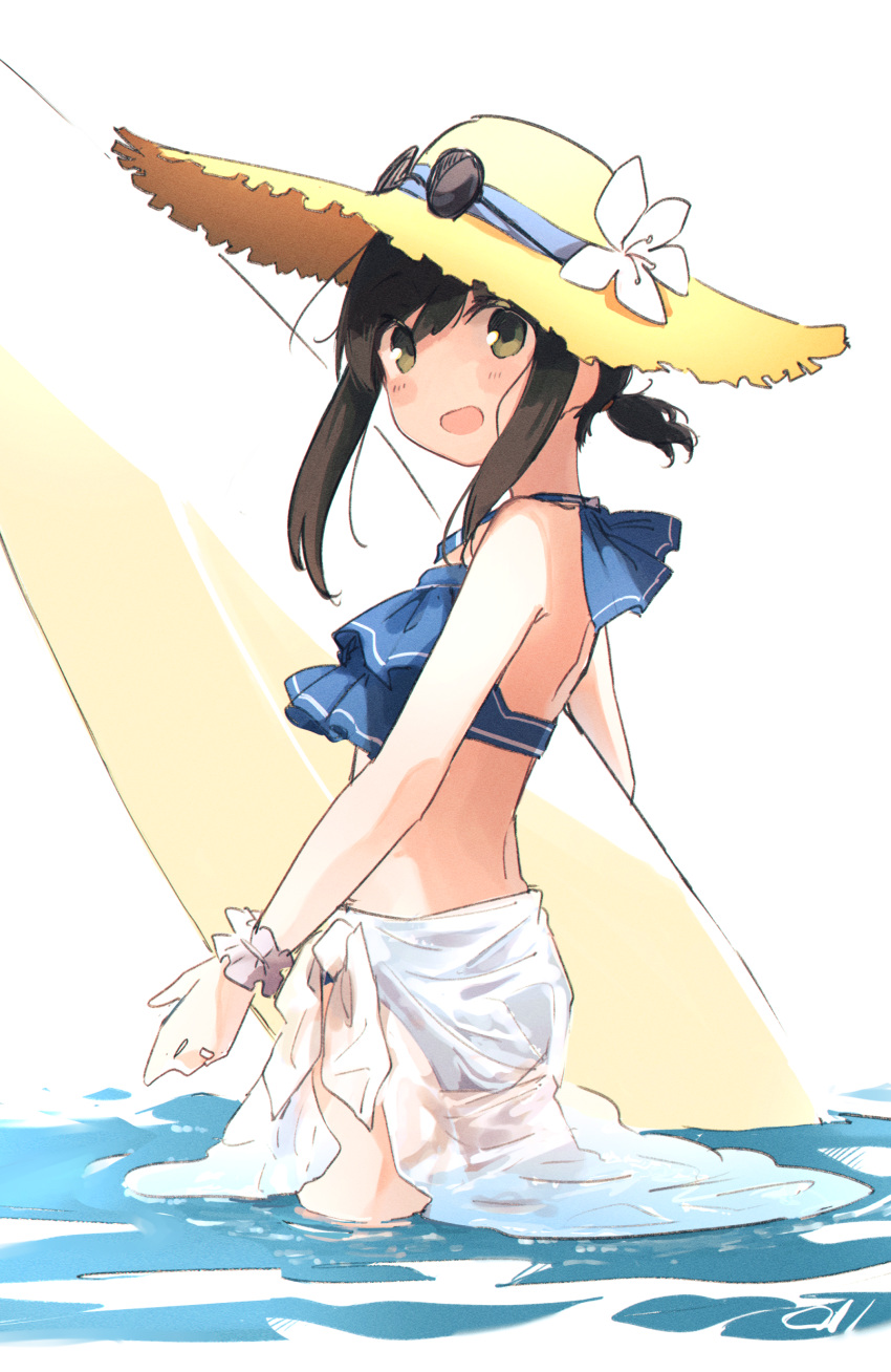 1girl absurdres bangs bare_shoulders bikini brown_hair commentary_request cowboy_shot eyewear_on_head flower fubuki_(kancolle) green_eyes hat hat_flower highres kantai_collection looking_at_viewer low_ponytail ma_rukan open_mouth ripples sarong short_hair smile solo straw_hat sunglasses surfboard swimsuit water