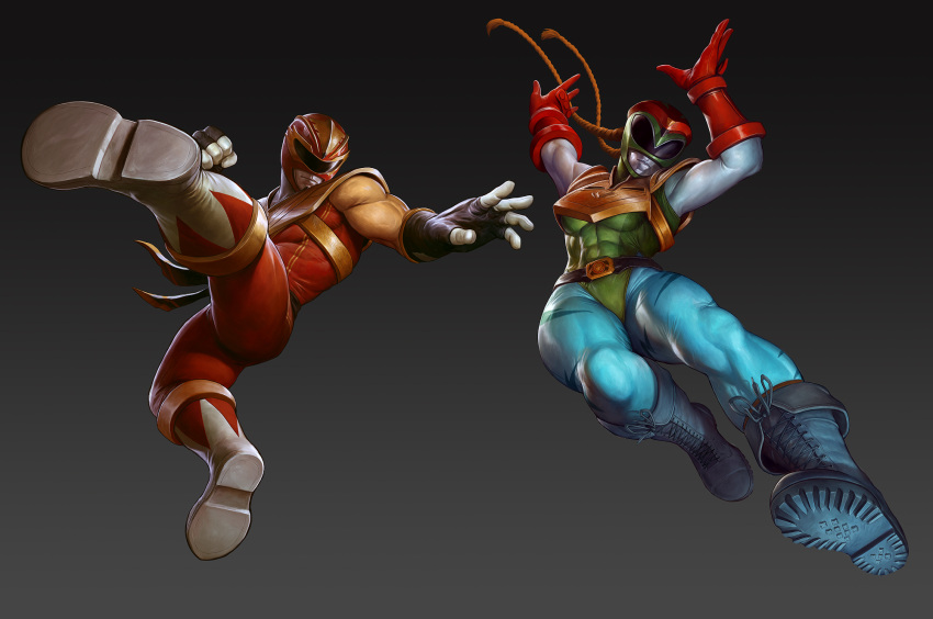 1boy 1girl cammy_white dave_rapoza fighting_stance gloves gradient gradient_background helmet highres ken_masters mask muscular muscular_female muscular_male official_alternate_costume official_art power_rangers street_fighter