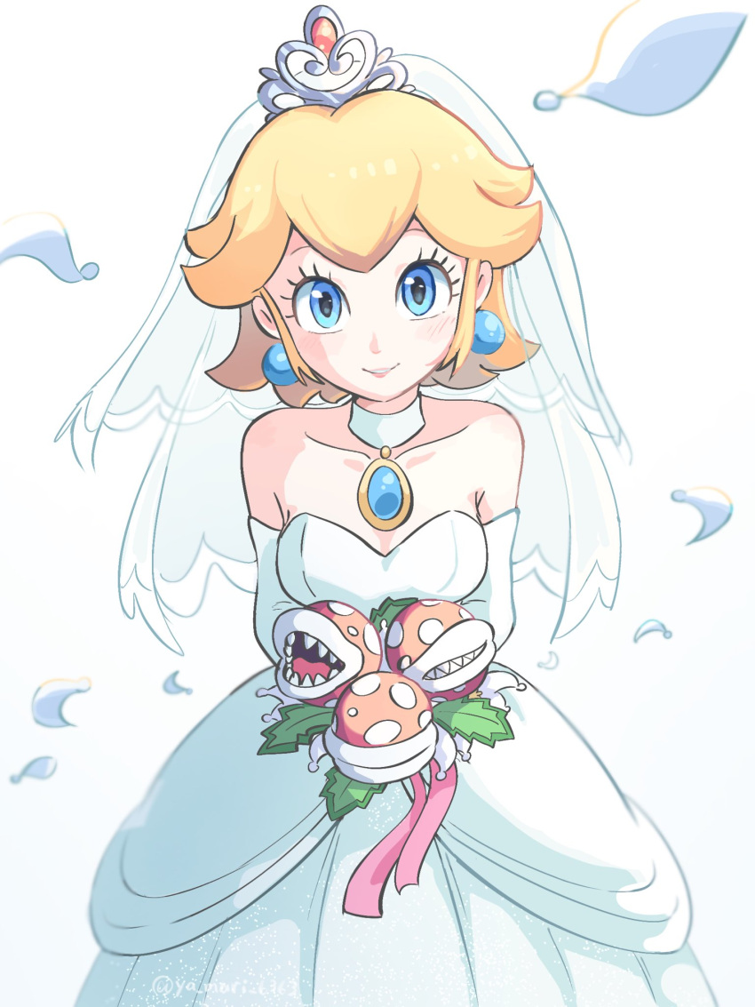 1girl 2022 bare_shoulders blonde_hair blue_eyes blush bouquet breasts bridal_veil bride choker cleavage dress earrings elbow_gloves gloves hair_up highres holding holding_bouquet jewelry lips lipstick looking_at_viewer makeup mammamiiiiiiiii mario_(series) petals pink_lips piranha_plant princess_peach small_breasts smile solo tiara veil watermark white_background white_choker white_dress white_gloves