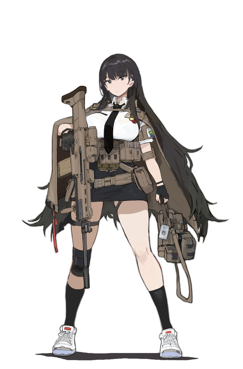 1girl assault_rifle bangs black_gloves black_hair black_necktie black_skirt black_socks breasts cape closed_mouth collared_shirt commentary_request expressionless fn_scar gloves green_eyes gun highres holding holding_gun holding_weapon knee_pads large_breasts load_bearing_equipment looking_at_viewer miniskirt necktie one_(dnjsaos86) original pepe_the_frog rifle shadow shirt shoes short_sleeves simple_background single_knee_pad skirt sneakers socks solo standing thigh_strap thighs weapon white_background white_footwear