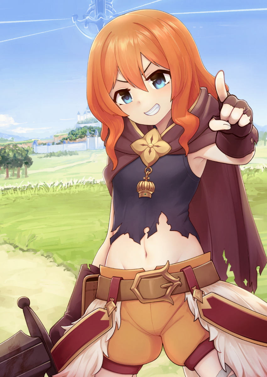 1girl belt belt_buckle breasts brown_cloak buckle cloak cowboy_shot fingerless_gloves gloves grass green_eyes grin groin hair_between_eyes highres holding holding_sword holding_weapon hood hooded_cloak jacy long_hair muimi_(princess_connect!) navel orange_hair orange_shorts outdoors pointing pointing_at_viewer princess_connect! shirt shorts small_breasts smile solo sword torn_cloak torn_clothes torn_shirt tree v-shaped_eyebrows weapon