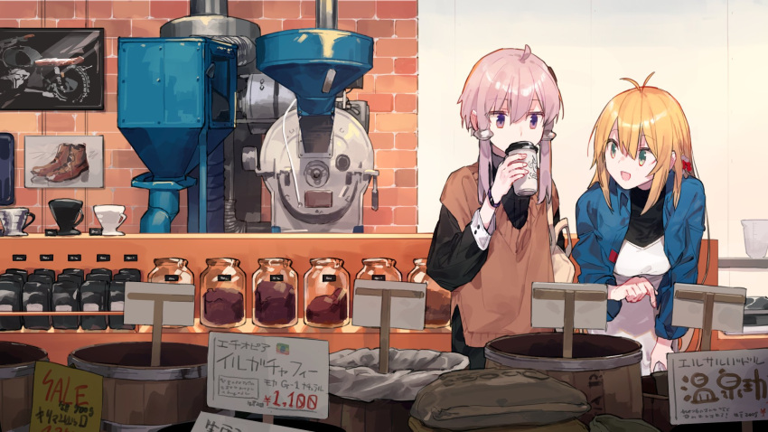 2girls ahoge antenna_hair bag barrel black_shirt blonde_hair blue_jacket brown_sweater coffee_beans coffee_cup coffee_grinder commentary crank cup disposable_cup drinking green_eyes hair_tubes hand_on_own_thigh highres hitogome holding holding_cup indoors jacket jar leaning_forward long_hair looking_at_another machine multiple_girls open_mouth pointing purple_eyes purple_hair shirt shoes shop shoulder_bag sidelocks sign smile standing sweater tsurumaki_maki vocaloid voiceroid white_shirt