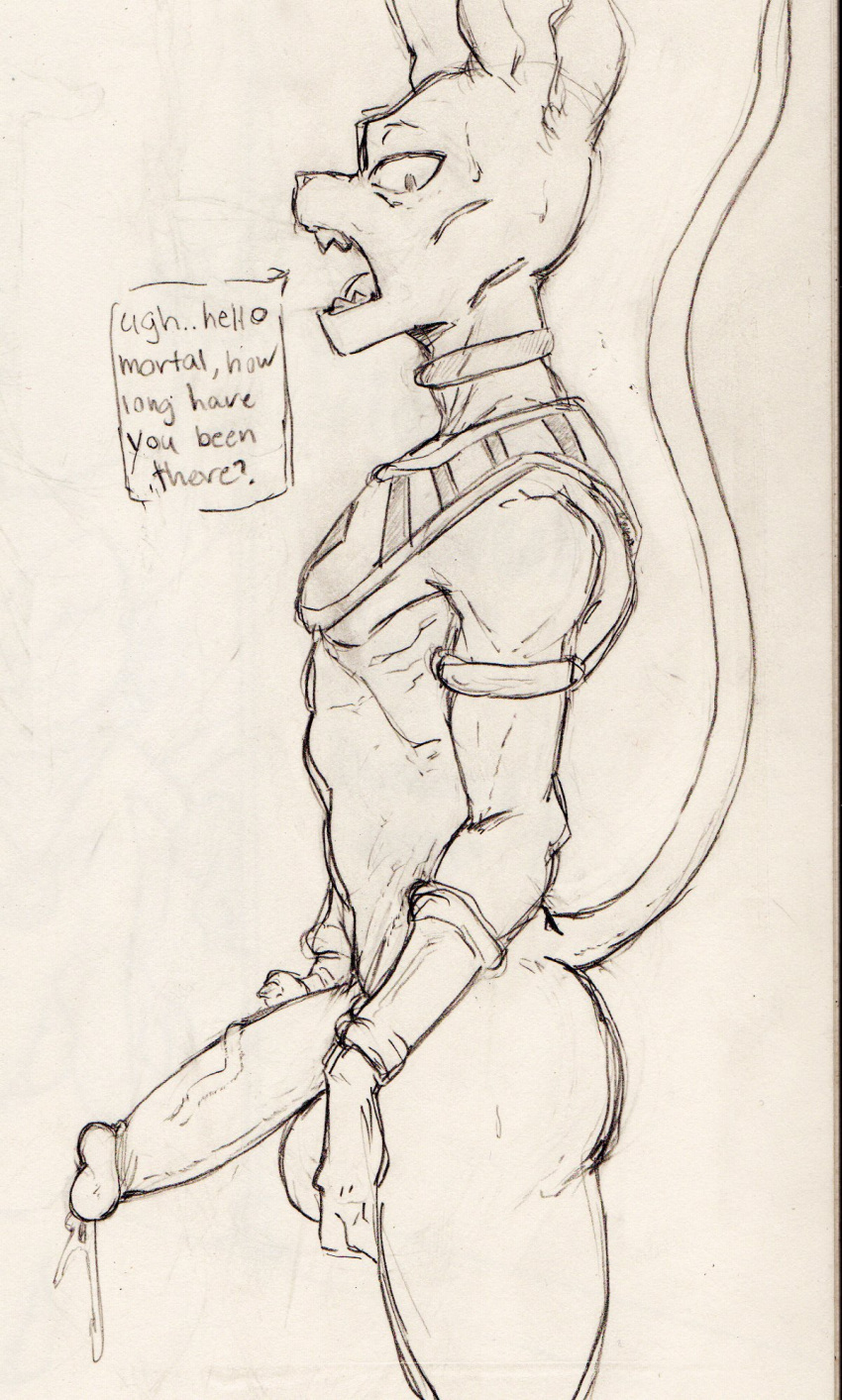 2021 anthro balls beerus bodily_fluids butt cyancoyote dialogue domestic_cat dragon_ball dragon_ball_super english_text erection felid feline felis genital_fluids genitals hairless hairless_cat hi_res humanoid_genitalia humanoid_penis male mammal open_mouth penis side_view simple_background solo sphynx_(cat) teeth text vein veiny_penis