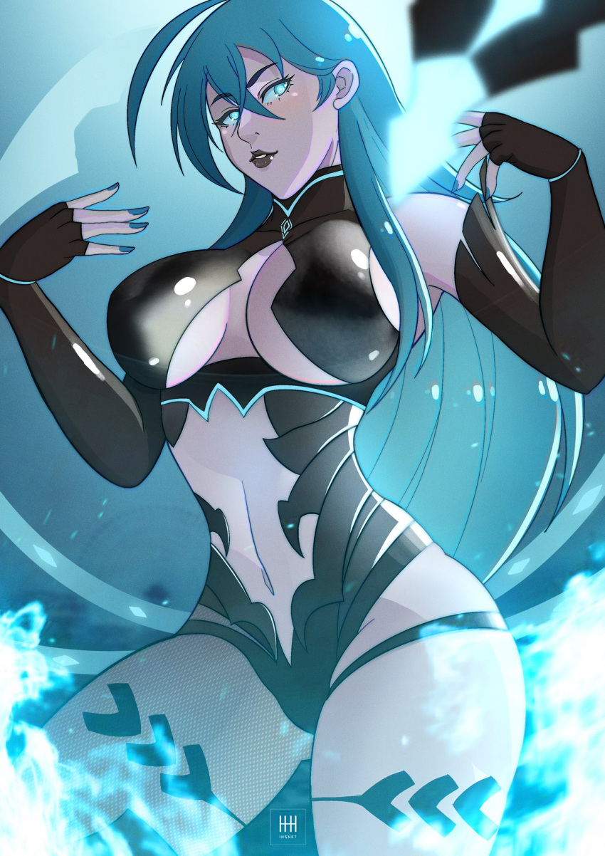 1girl ass_visible_through_thighs bangs black_gloves black_lips blue_eyes blue_hair blue_nails breasts cleavage cleavage_cutout clothing_cutout cosplay elbow_gloves fingerless_gloves fire_emblem fire_emblem:_three_houses from_below gloves glowing hands_up highres hip_vent ihsnet kronya_(fire_emblem) kronya_(fire_emblem)_(cosplay) lips lipstick long_hair looking_at_viewer makeup medium_breasts midriff nail_polish navel no_pupils solo stomach_cutout thighs underboob very_long_hair vivy vivy:_fluorite_eye's_song